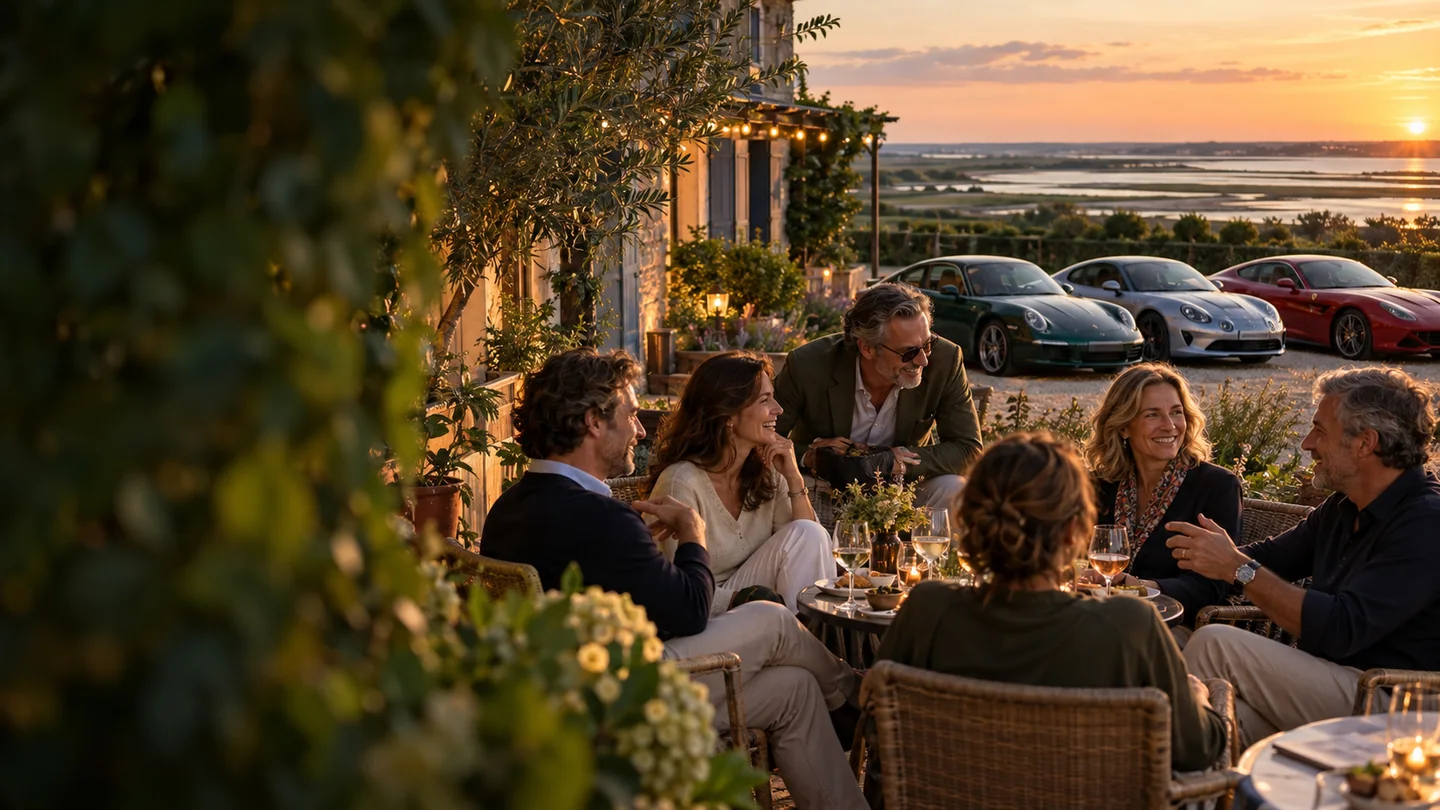 Des passionnés partagent un dîner en terrasse face à la baie, illustration d’ambiance.