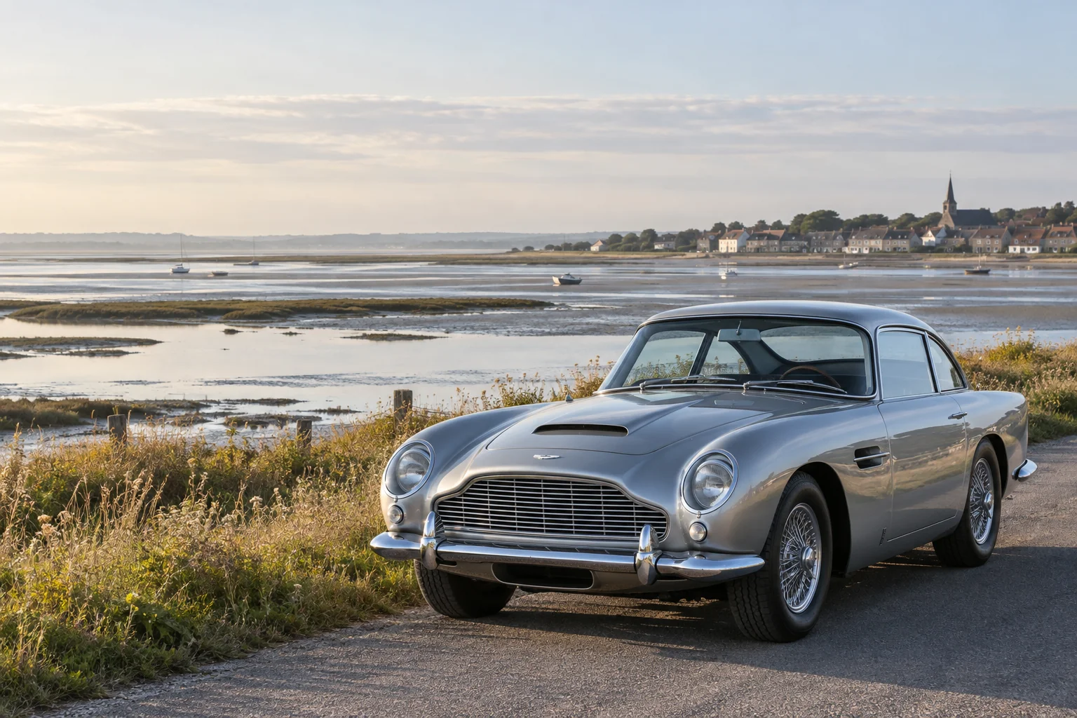 Une Aston Martin près de l’estuaire et des prés salés de la Baie de Somme, illustration d’ambiance.