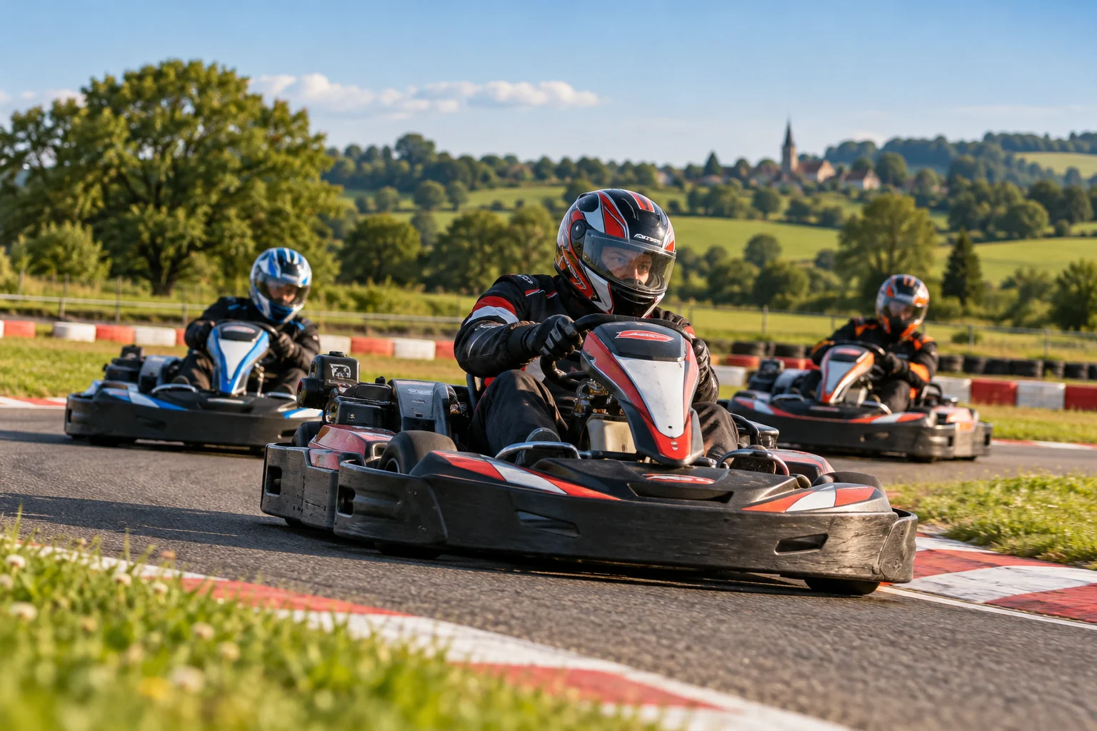 Trois participants casqués sur un circuit de karting en plein air, illustration d’ambiance sans représenter le Circuit de l’Europe.