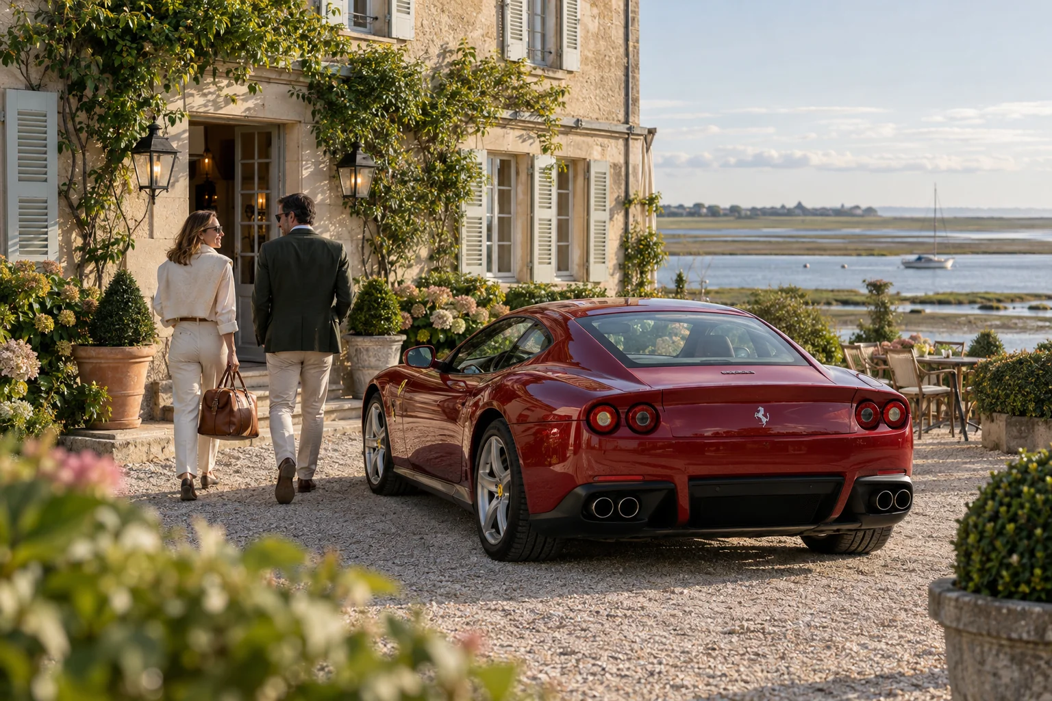 Une Ferrari et des voyageurs à l’arrivée dans une auberge côtière imaginée, illustration d’ambiance.