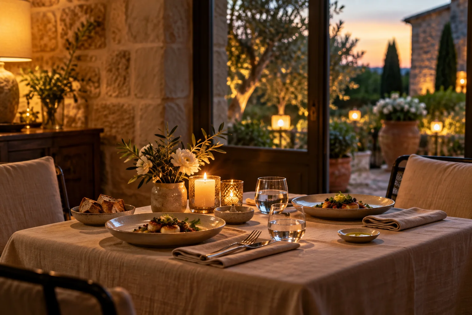 Une table pour deux dressée dans une auberge chaleureuse, illustration d’ambiance.